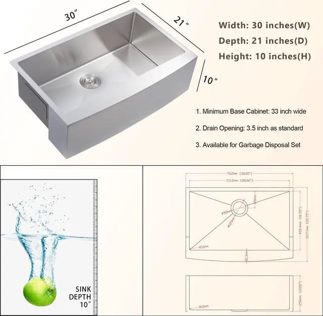 Alt view image 6 of 6 - 30"(L) x 21"(W) x 10"(H) Farmhouse Kitchen Sink  SUS 304 Stainless Steel Apron Front 16 Gauge Single Bowl Farm Sinks Undermount