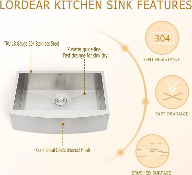 Alt view image 3 of 6 - 33"(L) x 20"(W) x 9"(H) Farmhouse Kitchen Sink SUS 304 Stainless Steel Apron Front 18 Gauge Undermount Single Bowl Large Farm Sinks