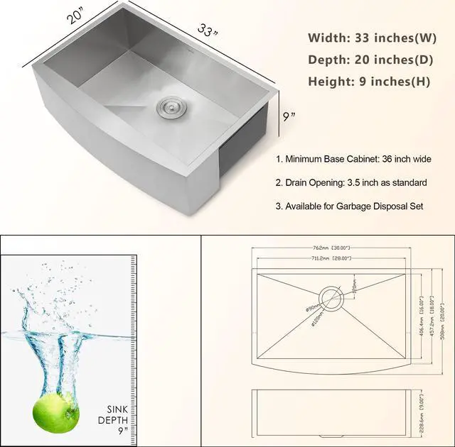Alt view image 6 of 6 - 33"(L) x 20"(W) x 9"(H) Farmhouse Kitchen Sink SUS 304 Stainless Steel Apron Front 18 Gauge Undermount Single Bowl Large Farm Sinks