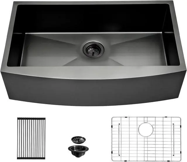 Main image of 36"(L) x 21"(W) x 10"(H) Gunmetal Black Stainless Steel Farmhouse Kitchen Sink 16 Guage Apron Front Kitchen Sink Undermount Framhouse Sink