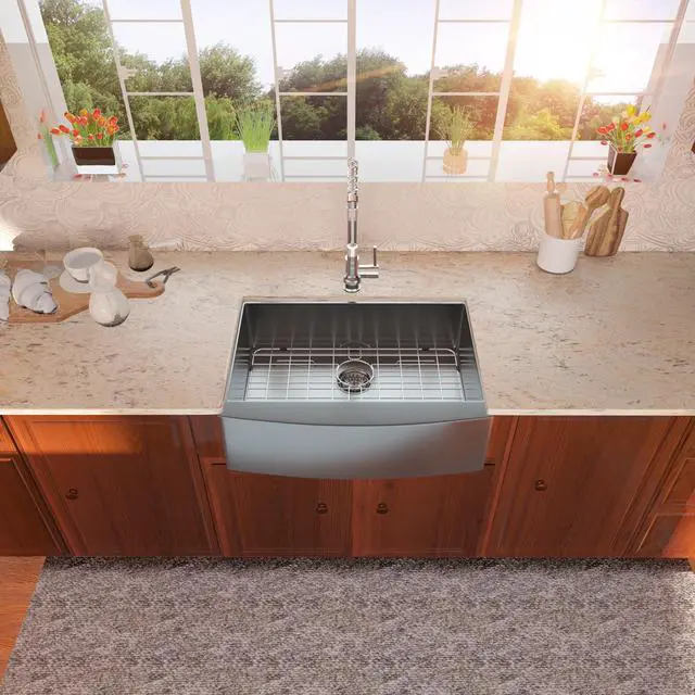 Alt view image 2 of 6 - 24 "(L) x 21" (W) x 10 " (H) Gunmetal Black SUS 304 Stainless Steel Farmhouse Kitchen Sink 16 Guage Apron Front Bar & Kitchen Sink Undermount