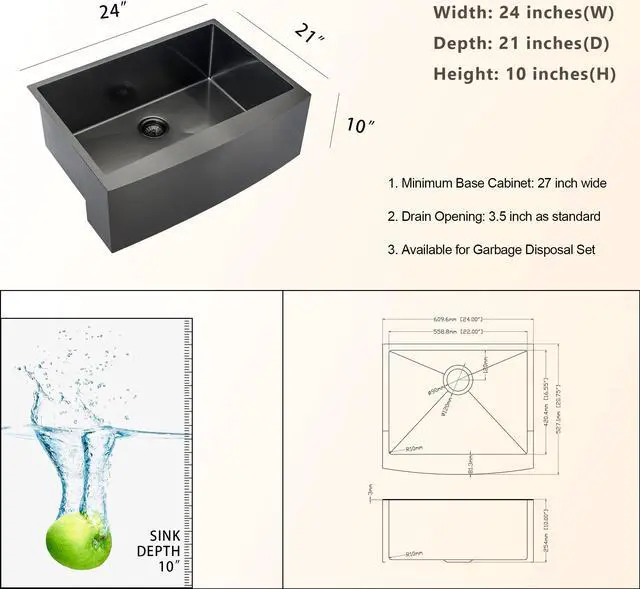 Alt view image 6 of 6 - 24 "(L) x 21" (W) x 10 " (H) Gunmetal Black SUS 304 Stainless Steel Farmhouse Kitchen Sink 16 Guage Apron Front Bar & Kitchen Sink Undermount