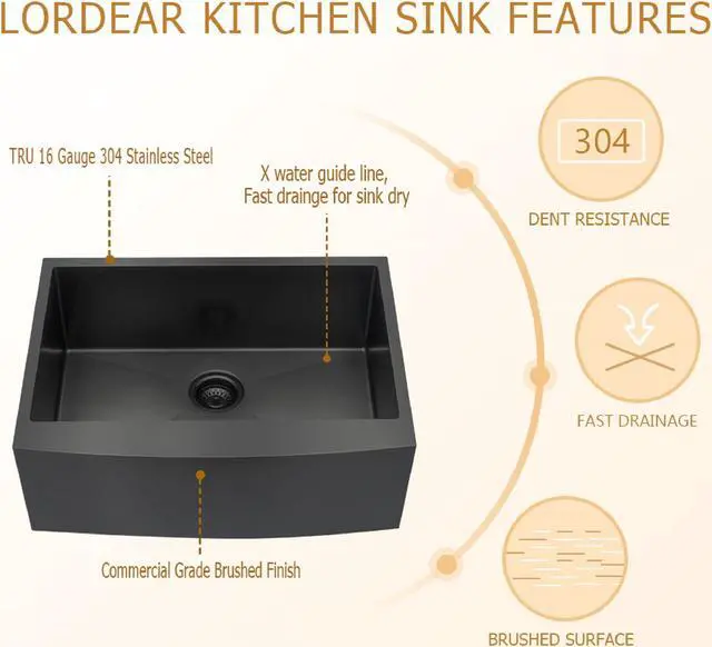 Alt view image 3 of 6 - 27"(L) x 21"(W) x 10"(H) Gunmetal Black Stainless Steel Farmhouse Kitchen Sink 16 Guage Undermount Apron Front Kitchen Sink