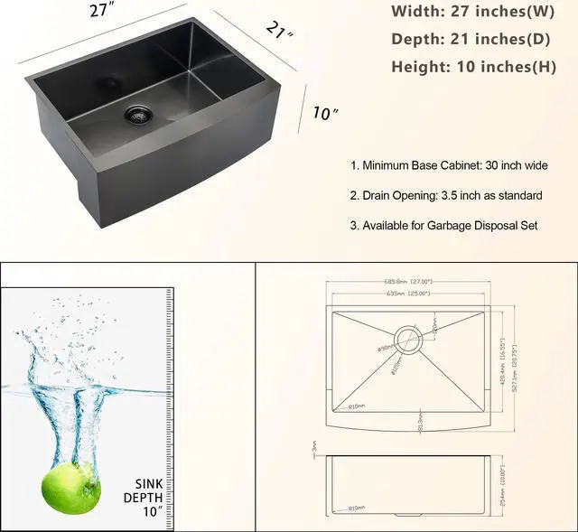 Alt view image 6 of 6 - 27"(L) x 21"(W) x 10"(H) Gunmetal Black Stainless Steel Farmhouse Kitchen Sink 16 Guage Undermount Apron Front Kitchen Sink