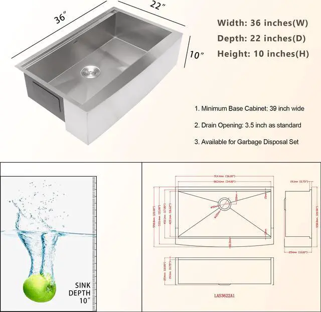 Alt view image 6 of 6 - 36''(L) x 22''(W) x 10''(H) Farmhouse Workstation Kitchen 16 Gauge SUS 304 Stainless Steel Sink Single Bowl Workstation Sink With Cutting Board And Colander,Brushed Finish