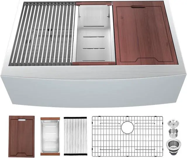 Main image of 36''(L) x 22''(W) x 10''(H) Farmhouse Workstation Kitchen 16 Gauge SUS 304 Stainless Steel Sink Single Bowl Workstation Sink With Cutting Board And Colander,Brushed Finish