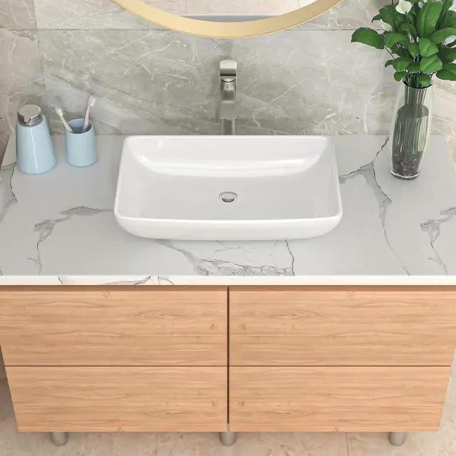Alt view image 4 of 6 - 24 Inch Curved Rectangle Bathroom Sink Modern White Above Counter Container Sink Bathroom Porcelain Ceramic Vessel Sink