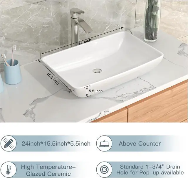 Alt view image 6 of 6 - 24 Inch Curved Rectangle Bathroom Sink Modern White Above Counter Container Sink Bathroom Porcelain Ceramic Vessel Sink