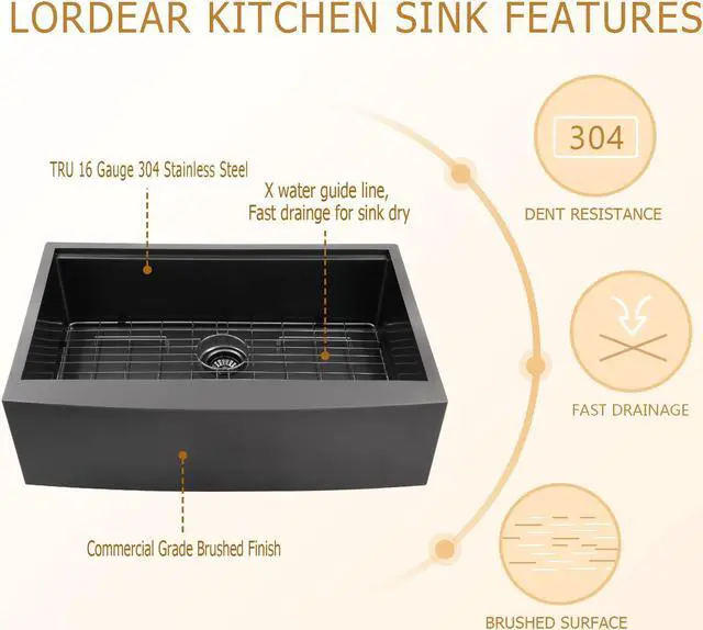 Alt view image 3 of 6 - 30"(L) x 22"(W) x 10"(H) Gunmetal Black 16 Guage SUS 304 Stainless Steel Single Bowl Farmhouse Kitchen Sink  Apron Front Undermount Workstation Sink With Accessories