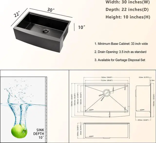 Alt view image 6 of 6 - 30"(L) x 22"(W) x 10"(H) Gunmetal Black 16 Guage SUS 304 Stainless Steel Single Bowl Farmhouse Kitchen Sink  Apron Front Undermount Workstation Sink With Accessories