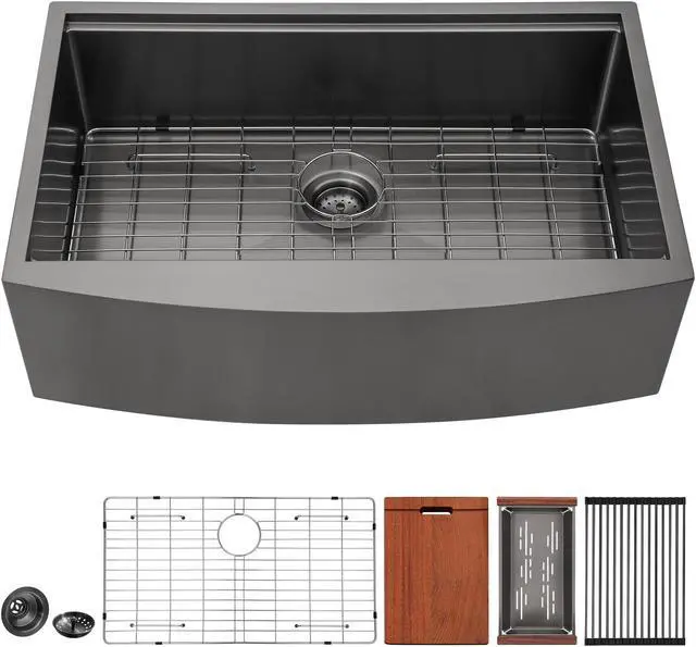 Main image of 30"(L) x 22"(W) x 10"(H) Gunmetal Black 16 Guage SUS 304 Stainless Steel Single Bowl Farmhouse Kitchen Sink  Apron Front Undermount Workstation Sink With Accessories