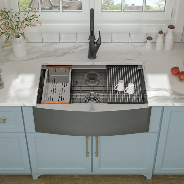 Alt view image 2 of 6 - 30"(L) x 22"(W) x 10"(H) Gunmetal Black 16 Guage SUS 304 Stainless Steel Single Bowl Farmhouse Kitchen Sink  Apron Front Undermount Workstation Sink With Accessories
