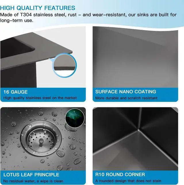 Alt view image 5 of 6 - 30"(L) x 22"(W) x 10"(H) Gunmetal Black 16 Guage SUS 304 Stainless Steel Single Bowl Farmhouse Kitchen Sink  Apron Front Undermount Workstation Sink With Accessories