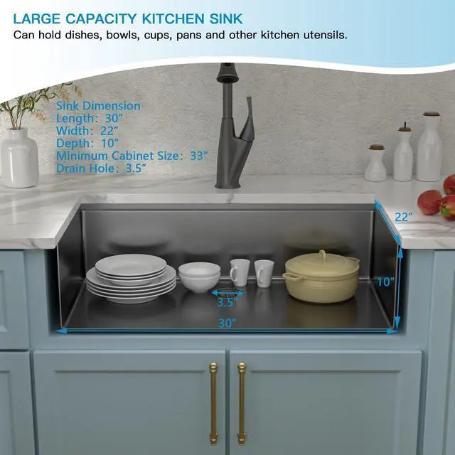 Alt view image 6 of 6 - 30"(L) x 22"(W) x 10"(H) Gunmetal Black 16 Guage SUS 304 Stainless Steel Single Bowl Farmhouse Kitchen Sink  Apron Front Undermount Workstation Sink With Accessories