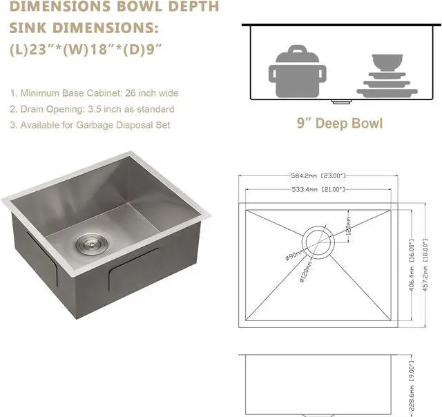 Alt view image 6 of 6 - 23'' Undermount Bar Sink 16 Guage SUS 304 Stainless Steel Single Bowl Bar & Kitchen Sink With Accessories