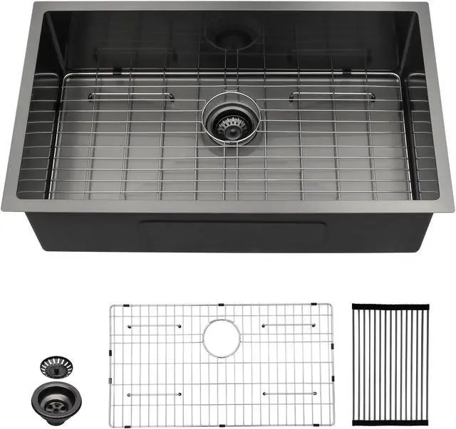 Main image of 28"(L) x 18"(W) x 10"(H) Gunmetal Black Undermount Kitchen Sink, Handmade Single Bowl Sink 16 Guage SUS 304 Stainless Steel Single Bowl Kitchen Sink With Bottom Grid And Roll Rack