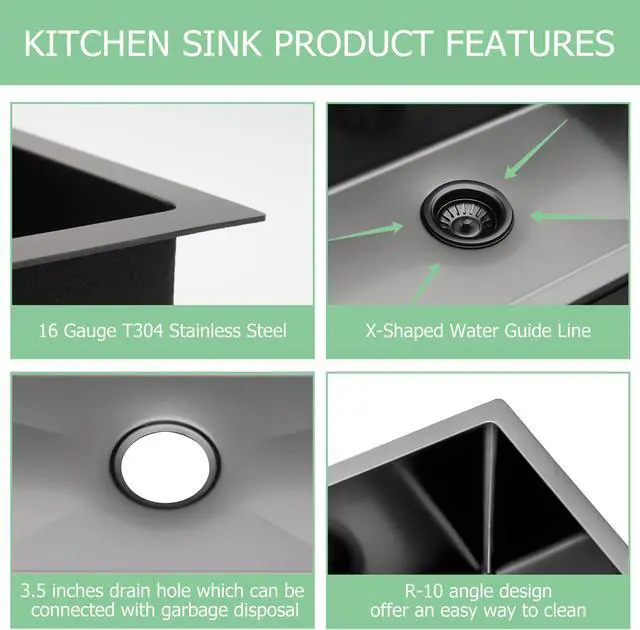 Alt view image 3 of 6 - 28"(L) x 18"(W) x 10"(H) Gunmetal Black Undermount Kitchen Sink, Handmade Single Bowl Sink 16 Guage SUS 304 Stainless Steel Single Bowl Kitchen Sink With Bottom Grid And Roll Rack
