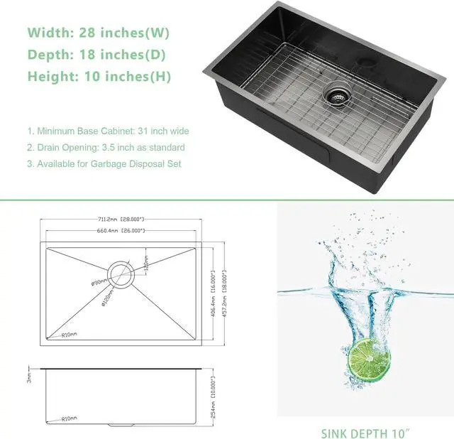 Alt view image 6 of 6 - 28"(L) x 18"(W) x 10"(H) Gunmetal Black Undermount Kitchen Sink, Handmade Single Bowl Sink 16 Guage SUS 304 Stainless Steel Single Bowl Kitchen Sink With Bottom Grid And Roll Rack