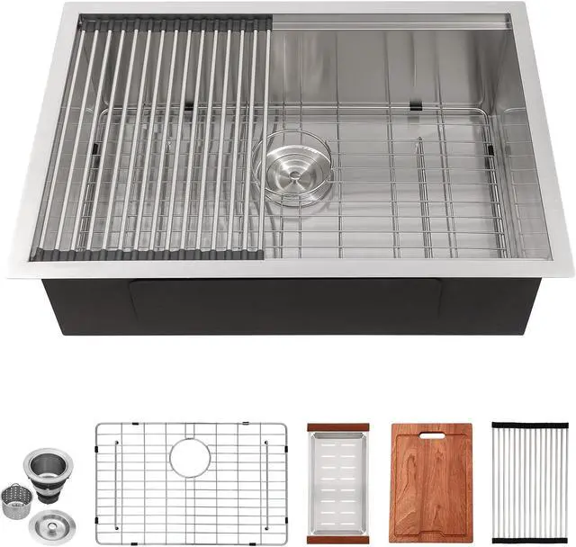 Main image of 28"L x 19"W x 10"H 16 Guage SUS 304 Stainless Steel Handmade Modern Deep Single Bowl Sink Undermount Workstation Kitchen Sink With Accessories