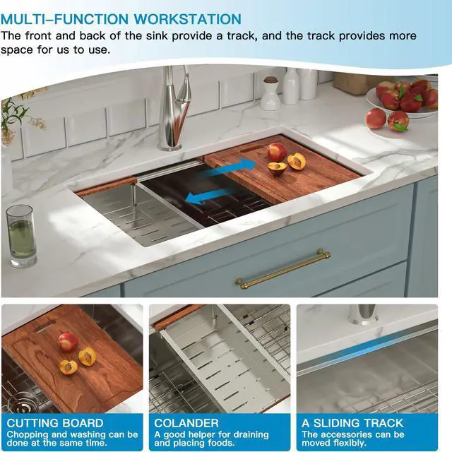 Alt view image 5 of 6 - 28"L x 19"W x 10"H 16 Guage SUS 304 Stainless Steel Handmade Modern Deep Single Bowl Sink Undermount Workstation Kitchen Sink With Accessories