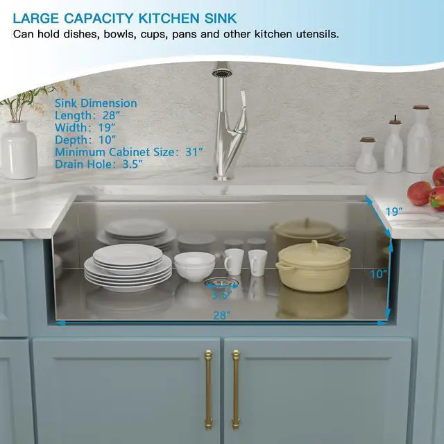 Alt view image 6 of 6 - 28"L x 19"W x 10"H 16 Guage SUS 304 Stainless Steel Handmade Modern Deep Single Bowl Sink Undermount Workstation Kitchen Sink With Accessories