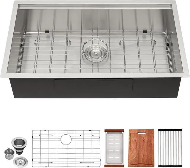 Main image of 32"L x 19"W x 10"H Undermount Workstation Kitchen Sink 16 Guage SUS 304 Stainless Steel Handmade Modern Deep Single Bowl Sink With Accessories