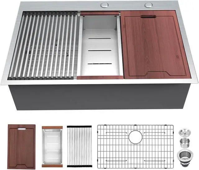 Main image of 30"L x 22"W x 10"H Drop In Workstation Kitchen Sink 16 Guage SUS 304 Stainless Steel Handmade Modern Deep Single Bowl Sink With Accessories