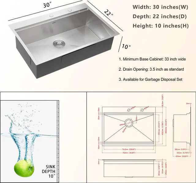 Alt view image 6 of 6 - 30"L x 22"W x 10"H Drop In Workstation Kitchen Sink 16 Guage SUS 304 Stainless Steel Handmade Modern Deep Single Bowl Sink With Accessories