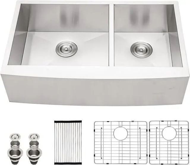 Main image of 33''(L) x 20''(W) x 9''(H) Double Bowl 60/40 Farmhouse Kitchen Sink 18 Guage SUS 304 Stainless Steel Handmade Modern Apron Front Sink With Accessories