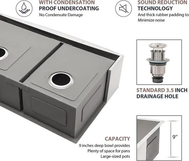 Alt view image 4 of 6 - 33''(L) x 20''(W) x 9''(H) Double Bowl 60/40 Farmhouse Kitchen Sink 18 Guage SUS 304 Stainless Steel Handmade Modern Apron Front Sink With Accessories