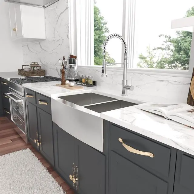Alt view image 3 of 6 - 33''(L) x 20''(W) x 9''(H) Double Bowl 60/40 Farmhouse Kitchen Sink 18 Guage SUS 304 Stainless Steel Handmade Modern Apron Front Sink With Accessories