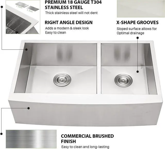Alt view image 5 of 6 - 33''(L) x 20''(W) x 9''(H) Double Bowl 60/40 Farmhouse Kitchen Sink 18 Guage SUS 304 Stainless Steel Handmade Modern Apron Front Sink With Accessories