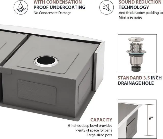 Alt view image 4 of 6 - 33''(L) x 20''(W) x 9''(H) Double Bowl 50/50 Farmhouse Kitchen Sink 18 Guage SUS 304 Stainless Steel Handmade Modern Farm Sink With Accessories