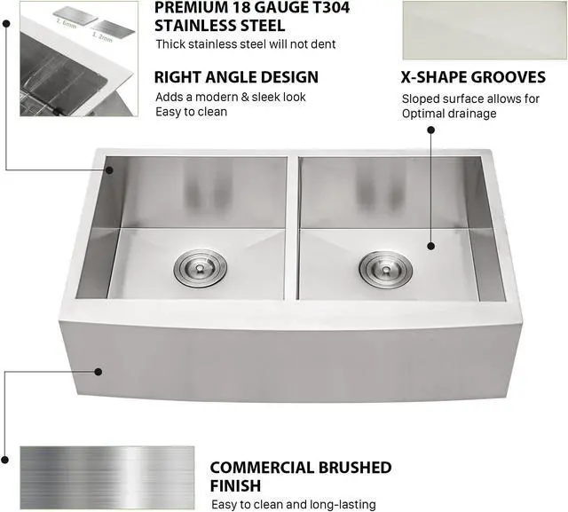 Alt view image 5 of 6 - 33''(L) x 20''(W) x 9''(H) Double Bowl 50/50 Farmhouse Kitchen Sink 18 Guage SUS 304 Stainless Steel Handmade Modern Farm Sink With Accessories