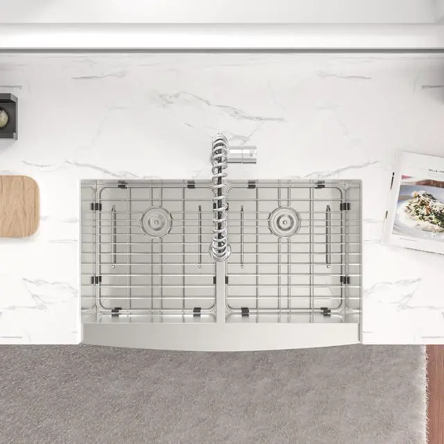 Alt view image 3 of 6 - 33''(L) x 20''(W) x 9''(H) Double Bowl 50/50 Farmhouse Kitchen Sink 18 Guage SUS 304 Stainless Steel Handmade Modern Farm Sink With Accessories