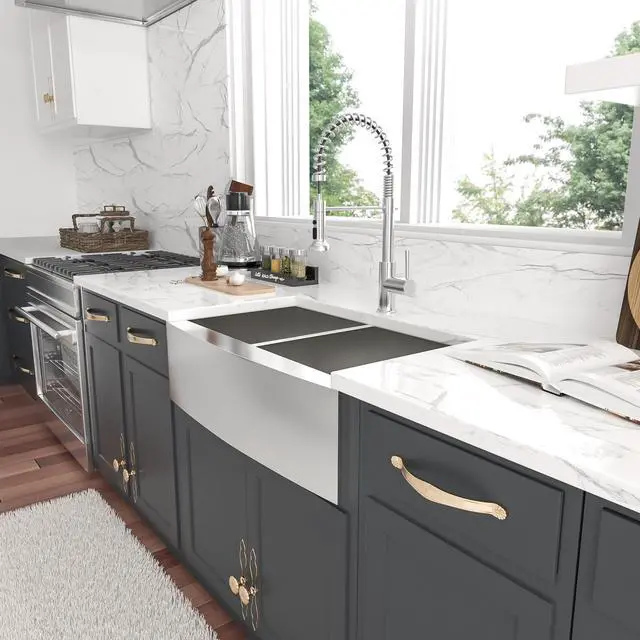 Alt view image 2 of 6 - 33''(L) x 20''(W) x 9''(H) Double Bowl 50/50 Farmhouse Kitchen Sink 18 Guage SUS 304 Stainless Steel Handmade Modern Farm Sink With Accessories