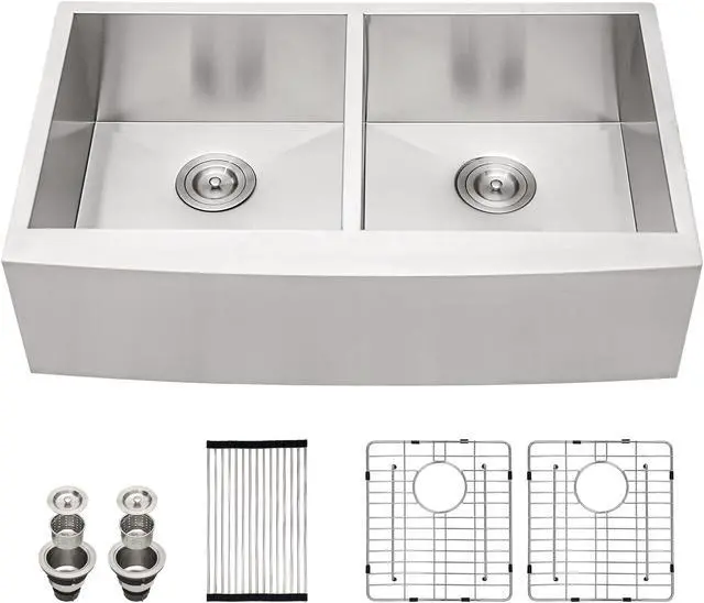 Main image of 33''(L) x 20''(W) x 9''(H) Double Bowl 50/50 Farmhouse Kitchen Sink 18 Guage SUS 304 Stainless Steel Handmade Modern Farm Sink With Accessories