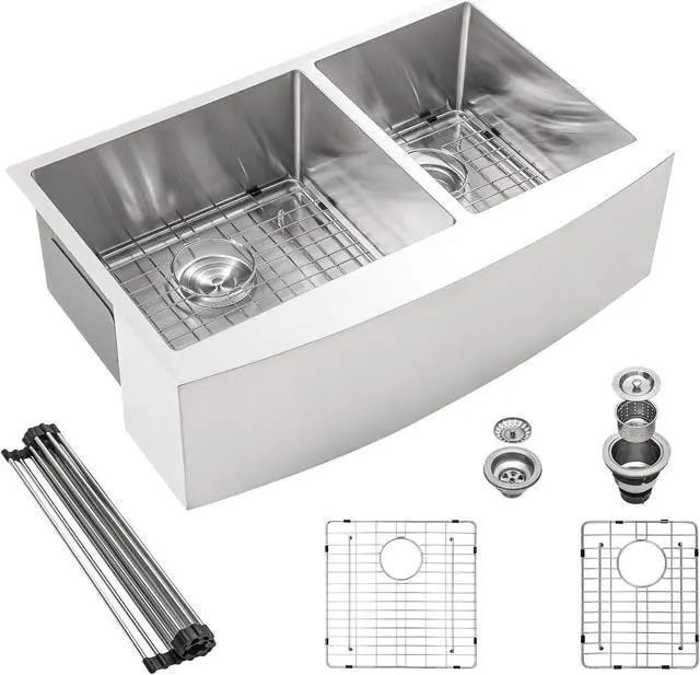 Main image of 33''(L) x 21''(W) x 10''(H) Double Bowl 50/50 Farmhouse Kitchen Sink 16 Guage SUS 304 Stainless Steel Handmade Modern Farm Sink With Accessories