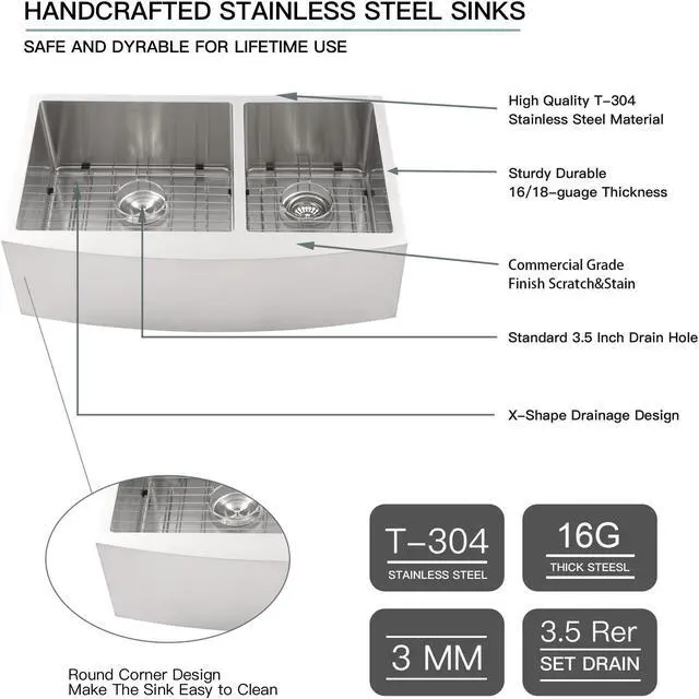 Alt view image 5 of 6 - 33''(L) x 21''(W) x 10''(H) Double Bowl 50/50 Farmhouse Kitchen Sink 16 Guage SUS 304 Stainless Steel Handmade Modern Farm Sink With Accessories