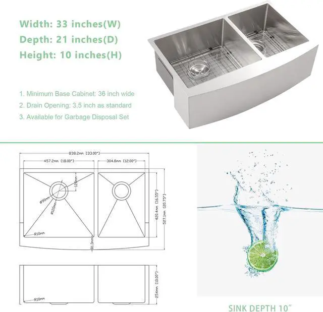 Alt view image 6 of 6 - 33''(L) x 21''(W) x 10''(H) Double Bowl 50/50 Farmhouse Kitchen Sink 16 Guage SUS 304 Stainless Steel Handmade Modern Farm Sink With Accessories