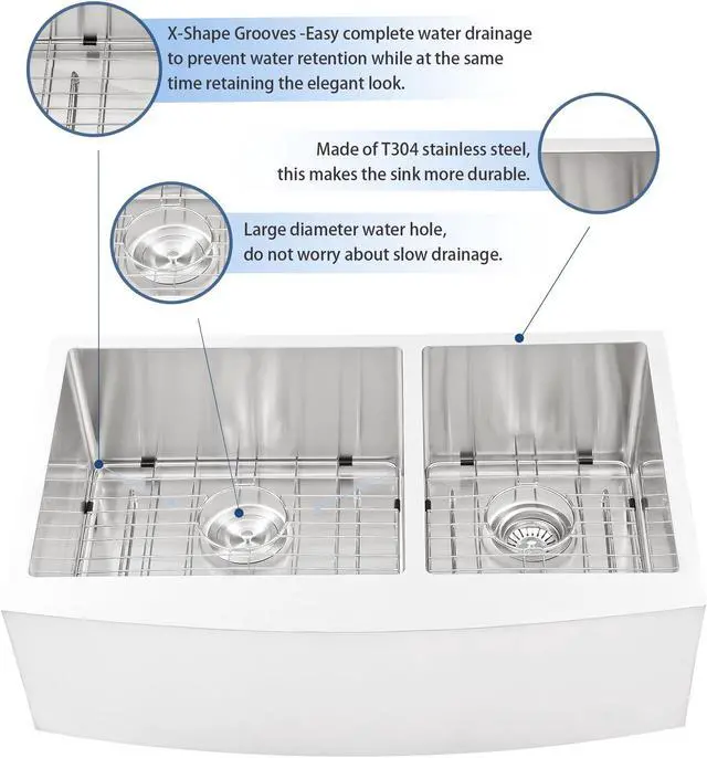 Alt view image 2 of 6 - 33''(L) x 21''(W) x 10''(H) Double Bowl 50/50 Farmhouse Kitchen Sink 16 Guage SUS 304 Stainless Steel Handmade Modern Farm Sink With Accessories