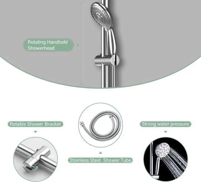 Alt view image 4 of 6 - 10 Rain Shower Head with 5 Setting Handheld and T 304 Stainless Steel Hose,Drill-Free Slide Bar -Chrome