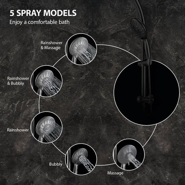 Alt view image 5 of 7 - 5 Setting Rain Shower Head with Handheld Spray,Drill-Free Slide Bar and Low 3-Way Diverter Bathroom Shower System-Matte Black