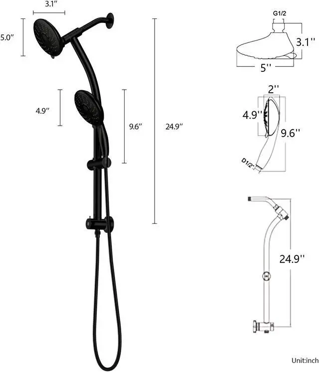 Alt view image 7 of 7 - 5 Setting Rain Shower Head with Handheld Spray,Drill-Free Slide Bar and Low 3-Way Diverter Bathroom Shower System-Matte Black