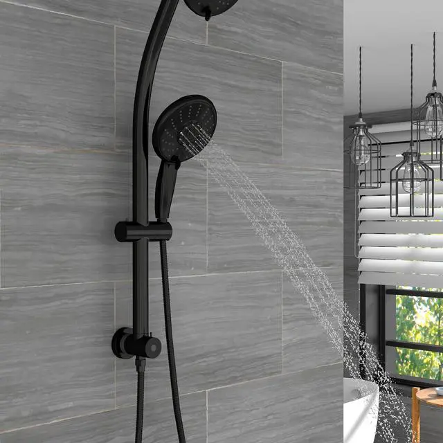 Alt view image 4 of 7 - 5 Setting Rain Shower Head with Handheld Spray,Drill-Free Slide Bar and Low 3-Way Diverter Bathroom Shower System-Matte Black