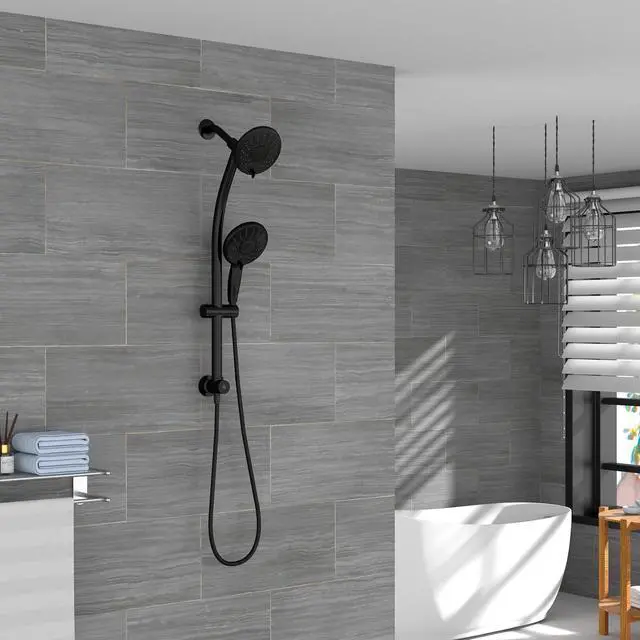 Alt view image 2 of 7 - 5 Setting Rain Shower Head with Handheld Spray,Drill-Free Slide Bar and Low 3-Way Diverter Bathroom Shower System-Matte Black