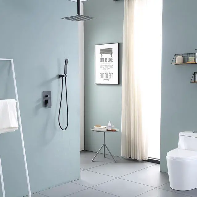 Alt view image 2 of 7 - Ceiling Mounted Shower Syatem with Low-Level Diverter 10''Rain Shower Combo Set with Rough-In Valve,Matte Black