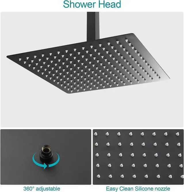 Alt view image 5 of 7 - Ceiling Mounted Shower Syatem with Low-Level Diverter 10''Rain Shower Combo Set with Rough-In Valve,Matte Black