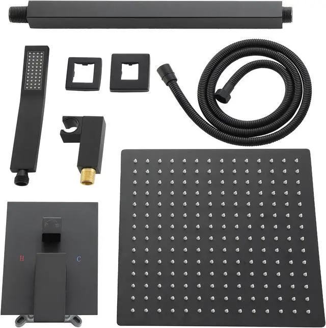 Alt view image 6 of 7 - Ceiling Mounted Shower Syatem with Low-Level Diverter 10''Rain Shower Combo Set with Rough-In Valve,Matte Black