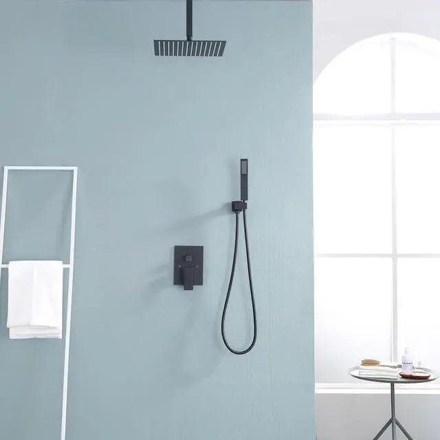 Alt view image 3 of 7 - Ceiling Mounted Shower Syatem with Low-Level Diverter 10''Rain Shower Combo Set with Rough-In Valve,Matte Black